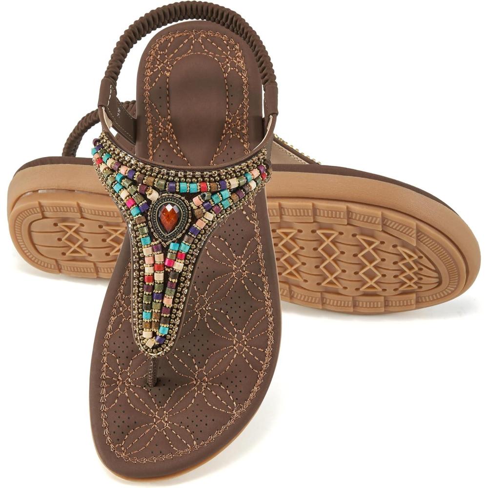 imageEcetana Womens Sandals Dressy Flat Comfortable Casual Summer Thong Sandals with Ankle Elastic Beaded Bohemian Flats Slip On 9 Coffee