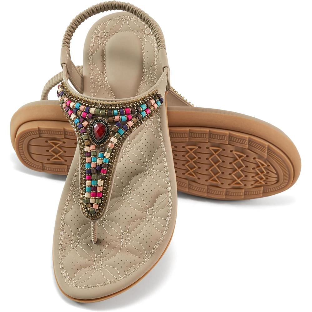 imageEcetana Womens Sandals Dressy Flat with Bohemian Beaded Comfortable Casual Summer Slip On Ankle Elastic Thong Shoes