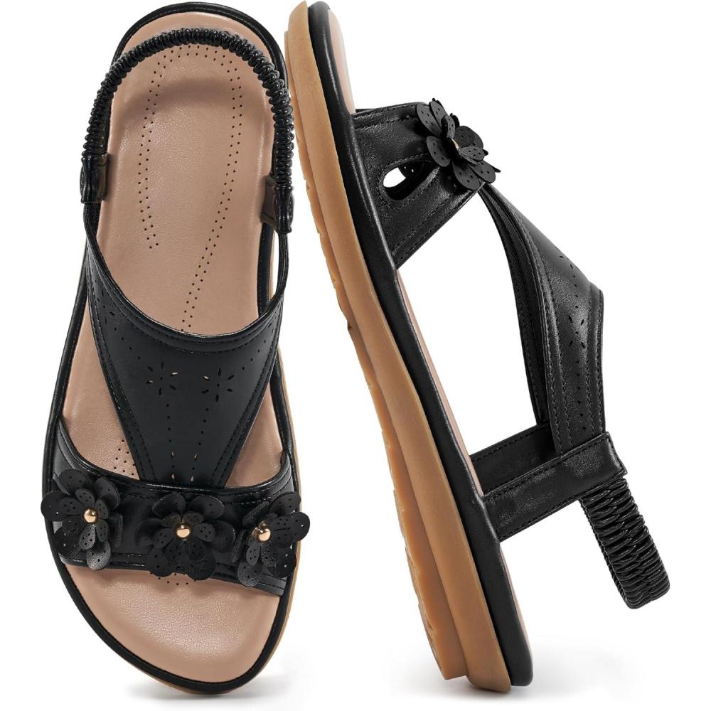 imageEcetana Womens Sandals Dressy Summer Beach Casual Elastic Strap Slip on Flat Shoes with Memory FoamBlack