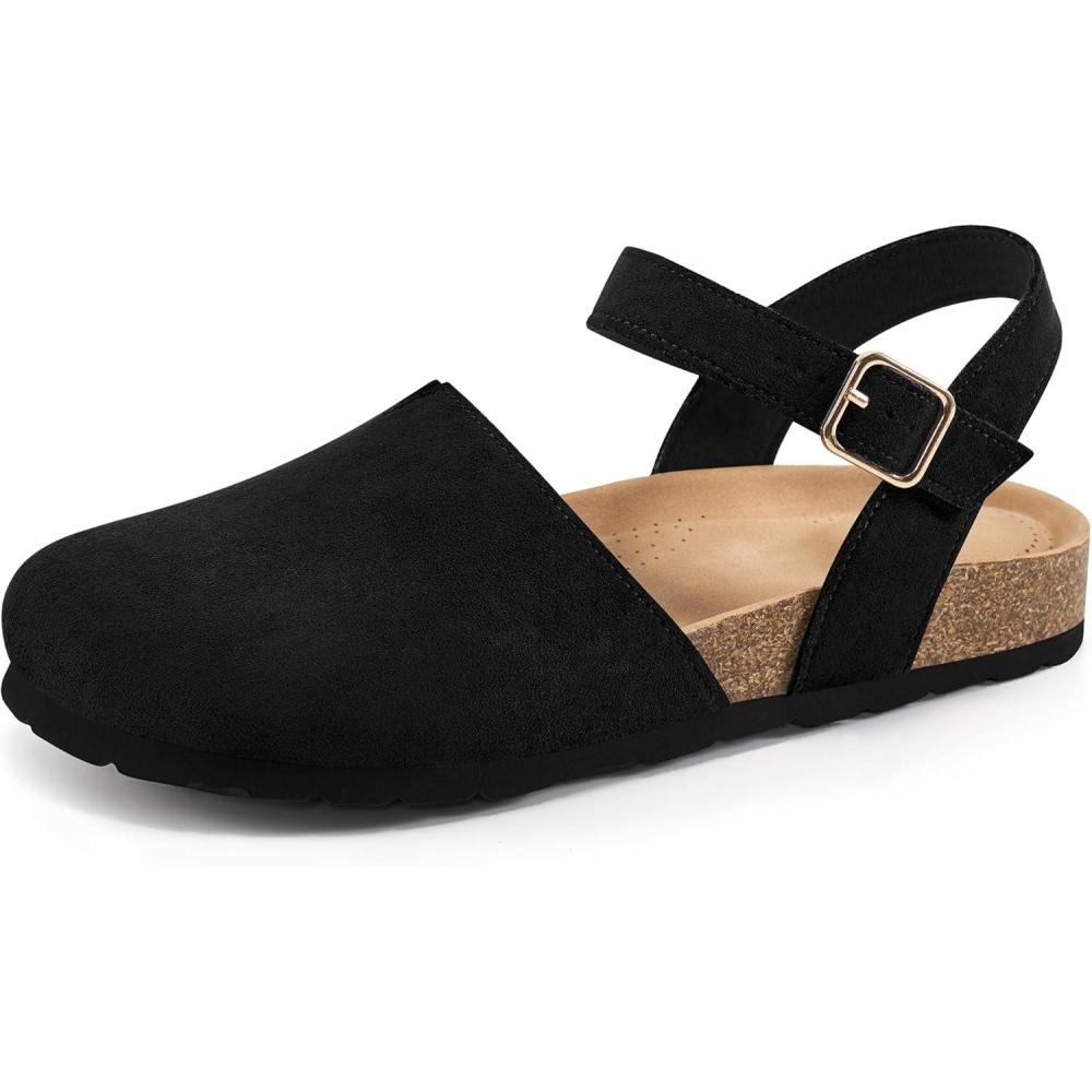 imageEcetana Womens Sandals Dressy Summer Closed Toe Flats Comfortable Cork Footbed Casual Walking ShoesBlack