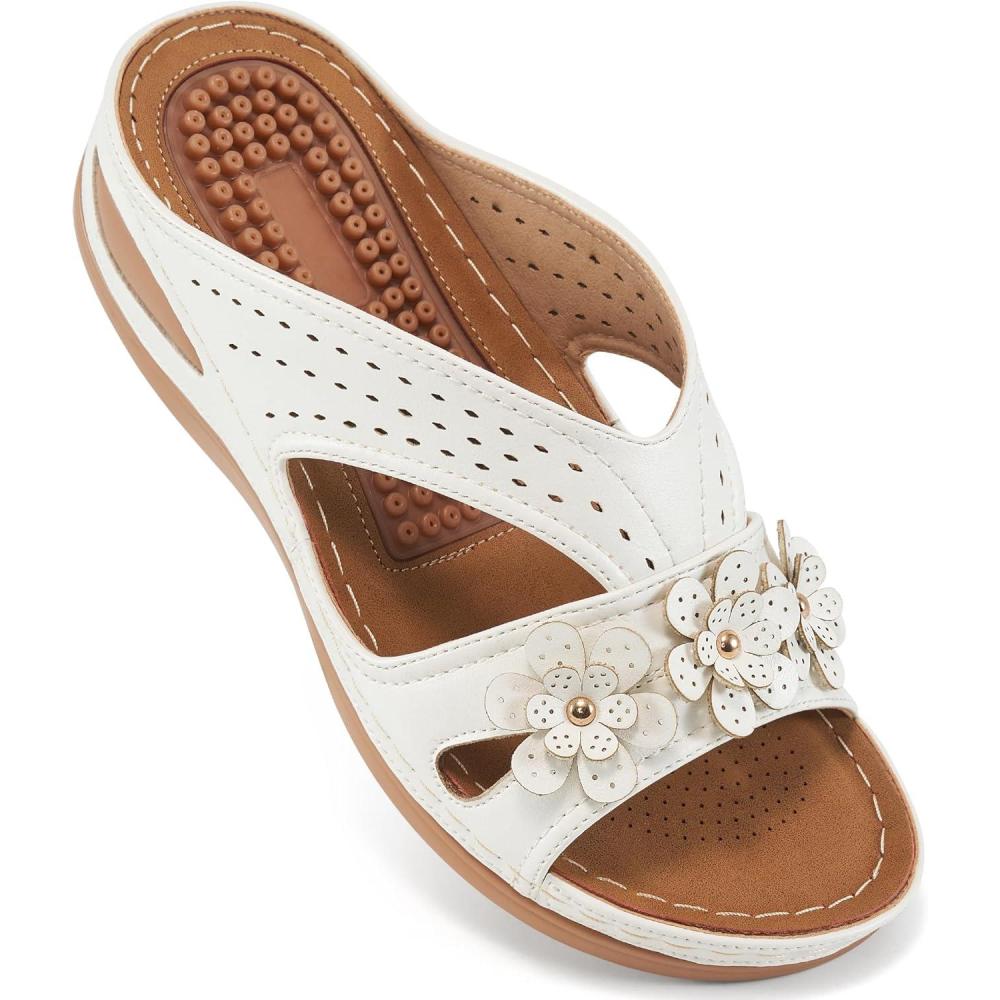 imageEcetana Womens Sandals Dressy Summer Comfortable Slides with Flowers Casual Non Slip Platform Lightweight Wedge Shoes