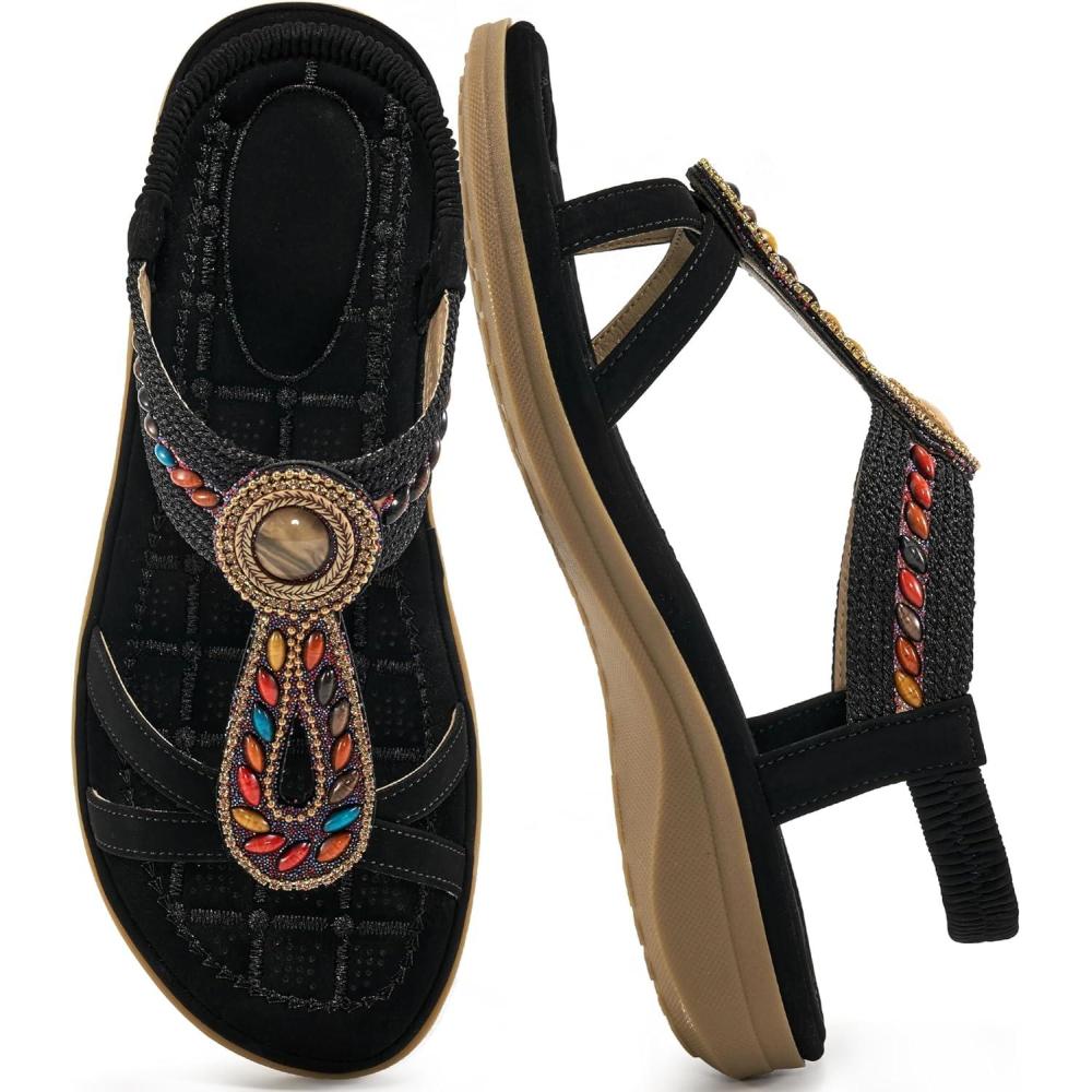 imageEcetana Womens Sandals Dressy Summer Comfortable Slip On Bohemian Flats Sandals Beach Shoes for WalkingBlack