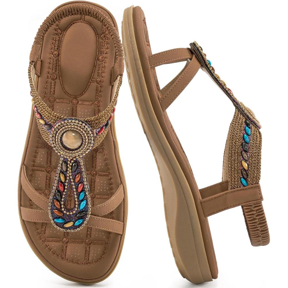 imageEcetana Womens Sandals Dressy Summer Comfortable Slip On Bohemian Flats Sandals Beach Shoes for WalkingBrown