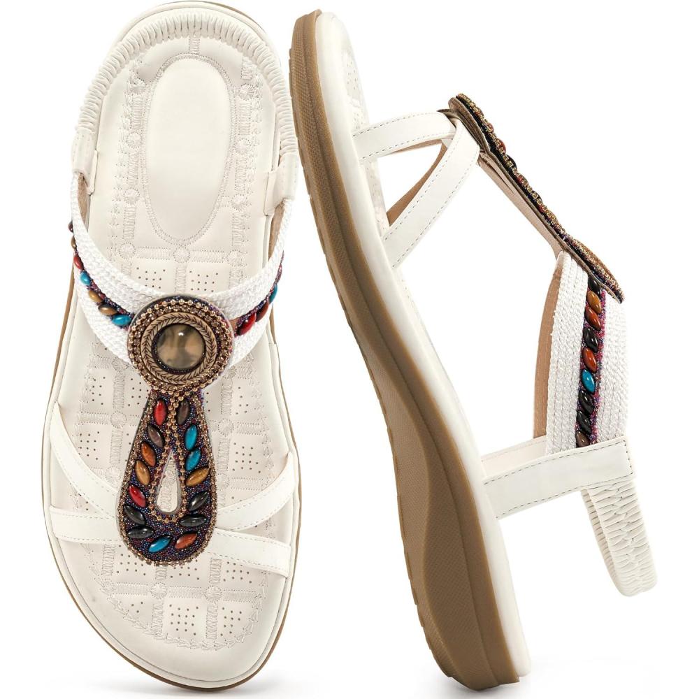 imageEcetana Womens Sandals Dressy Summer Comfortable Slip On Bohemian Flats Sandals Beach Shoes for WalkingWhite
