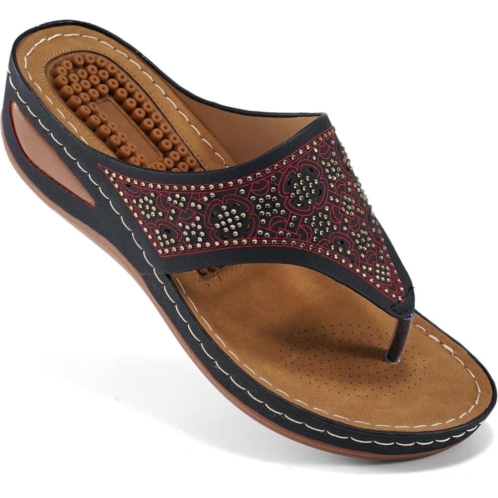 imageEcetana Womens Sandals Dressy Wedge Comfortable Summer Flip Flops Non Slip Rhinestone Platform Shoes Ladies Casual Beach Sandals for WomenBlack