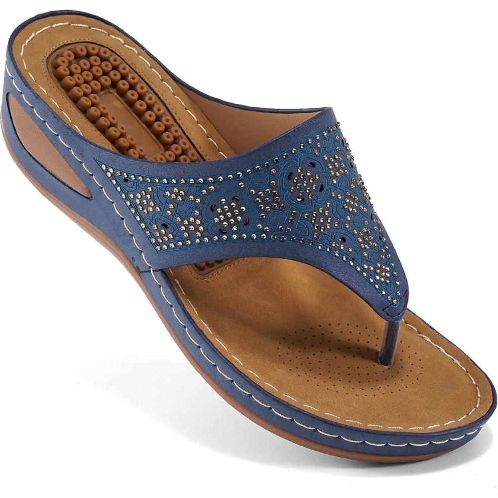 imageEcetana Womens Sandals Dressy Wedge Comfortable Summer Flip Flops Non Slip Rhinestone Platform Shoes Ladies Casual Beach Sandals for WomenBlue