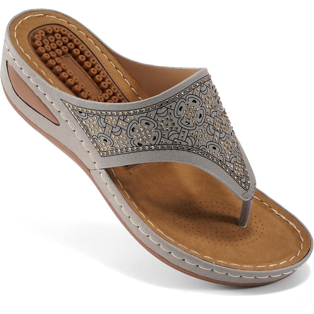 imageEcetana Womens Sandals Dressy Wedge Comfortable Summer Flip Flops Non Slip Rhinestone Platform Shoes Ladies Casual Beach Sandals for WomenGrey