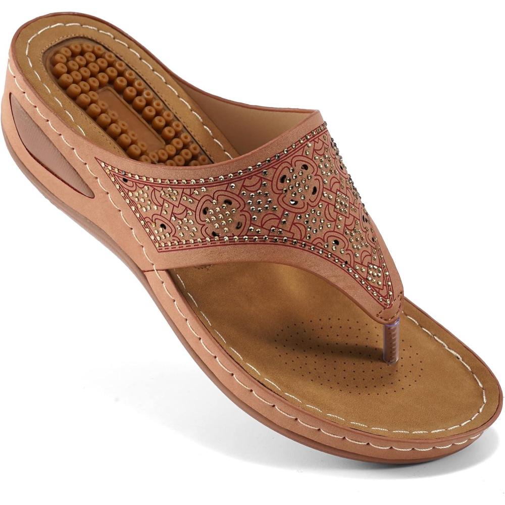 imageEcetana Womens Sandals Dressy Wedge Comfortable Summer Flip Flops Non Slip Rhinestone Platform Shoes Ladies Casual Beach Sandals for WomenPink