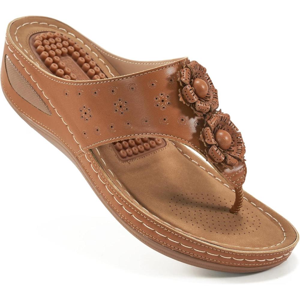 imageEcetana Womens Sandals Platform Wedge Comfortable Dressy Casual Summer Beach Shoes Slides Walking Flip Flops for WomenBrown