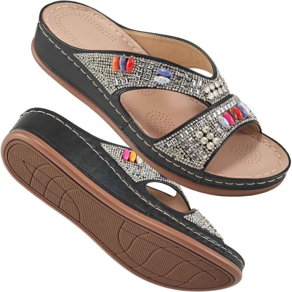 imageEcetana Womens Sandals Wedge Slides Dressy Summer Rhinestone Beaded Bohemian Platform Comfortable Casual ShoesBlack
