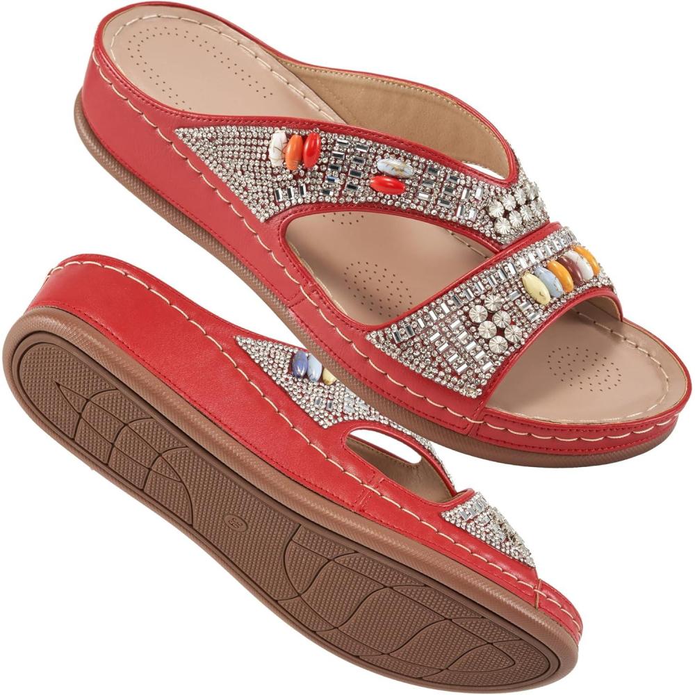 imageEcetana Womens Sandals Wedge Slides Dressy Summer Rhinestone Beaded Bohemian Platform Comfortable Casual ShoesRed