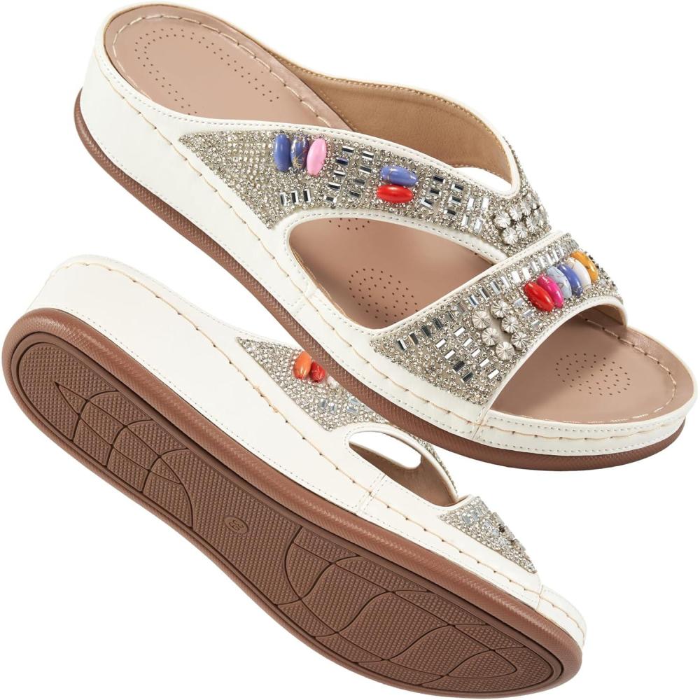 imageEcetana Womens Sandals Wedge Slides Dressy Summer Rhinestone Beaded Bohemian Platform Comfortable Casual ShoesWhite