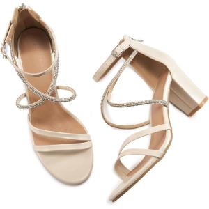 Ecetana Heels for Women Open Toe Ankle Strap Buckle Rhinestone Sandals Block Chunky Sexy Shoes for Party Wedding(Beige)