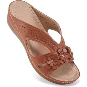 Ecetana Sandals for Women Wedge Shoes: Slip On Dressy Summer Comfortable Slides Sandals Lightweight Memory Foam Platform Shoes(Brown)