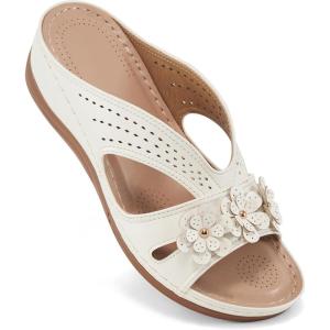Ecetana Sandals for Women Wedge Shoes: Slip On Dressy Summer Comfortable Slides Sandals Lightweight Memory Foam Platform Shoes(White)