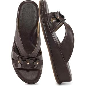 Ecetana Sandals for Women Wedge Slides Dressy Summer Comfortable Memory Foam Slip on Casual Platform Shoes(Coffee)