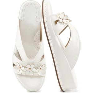 Ecetana Sandals for Women Wedge Slides Dressy Summer Comfortable Memory Foam Slip on Casual Platform Shoes(White)