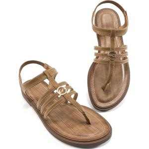 Ecetana Womens Flat Sandals for Women Dressy Summer Comfortable T-Strap Thong Shoes Beach Walking Sandals(Beige)