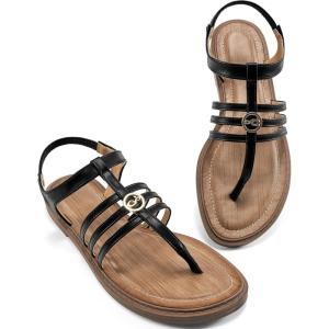 Ecetana Womens Flat Sandals for Women Dressy Summer Comfortable T-Strap Thong Shoes Beach Walking Sandals(Black)