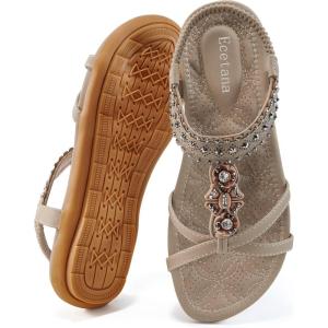 Ecetana Womens Flats Sandals Dressy Summer Boho Comfortable Casual Ankle Strap Non Slip Rhinestone Shoes(Beige)