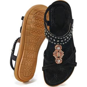 Ecetana Womens Flats Sandals Dressy Summer Boho Comfortable Casual Ankle Strap Non Slip Rhinestone Shoes(Black)