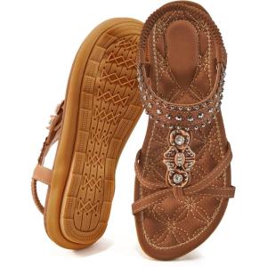 Ecetana Womens Flats Sandals Dressy Summer Boho Comfortable Casual Ankle Strap Non Slip Rhinestone Shoes(Brown)
