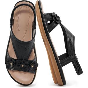 Ecetana Womens Sandals Dressy Summer Beach Casual Elastic Strap Slip on Flat Shoes with Memory Foam(Black)