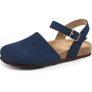 Ecetana Womens Sandals Dressy Summer Closed Toe Flats Comfortable Cork Footbed Casual Walking Shoes(Blue)