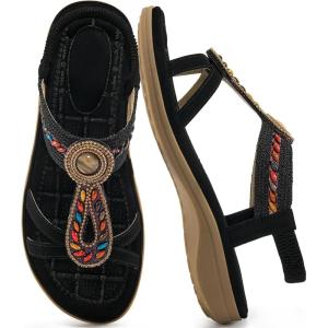Ecetana Womens Sandals Dressy Summer Comfortable Slip On Bohemian Flats Sandals Beach Shoes for Walking(Black)