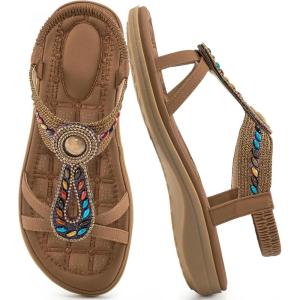 Ecetana Womens Sandals Dressy Summer Comfortable Slip On Bohemian Flats Sandals Beach Shoes for Walking(Brown)