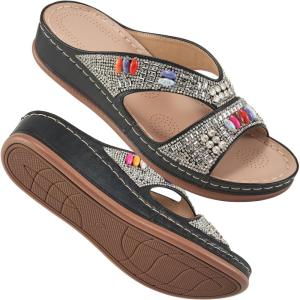 Ecetana Womens Sandals Wedge Slides Dressy Summer Rhinestone Beaded Bohemian Platform Comfortable Casual Shoes(Black)