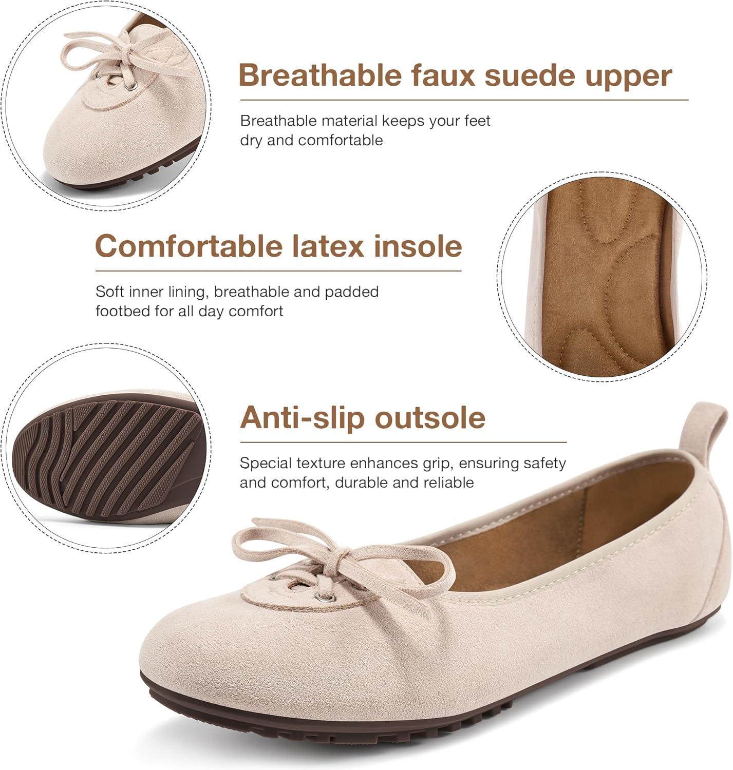 imageEcetana Womens Flats Ballet Shoes Round Toe Dressy Comfortable Slip On Foldable Lace Up LoafersBeige