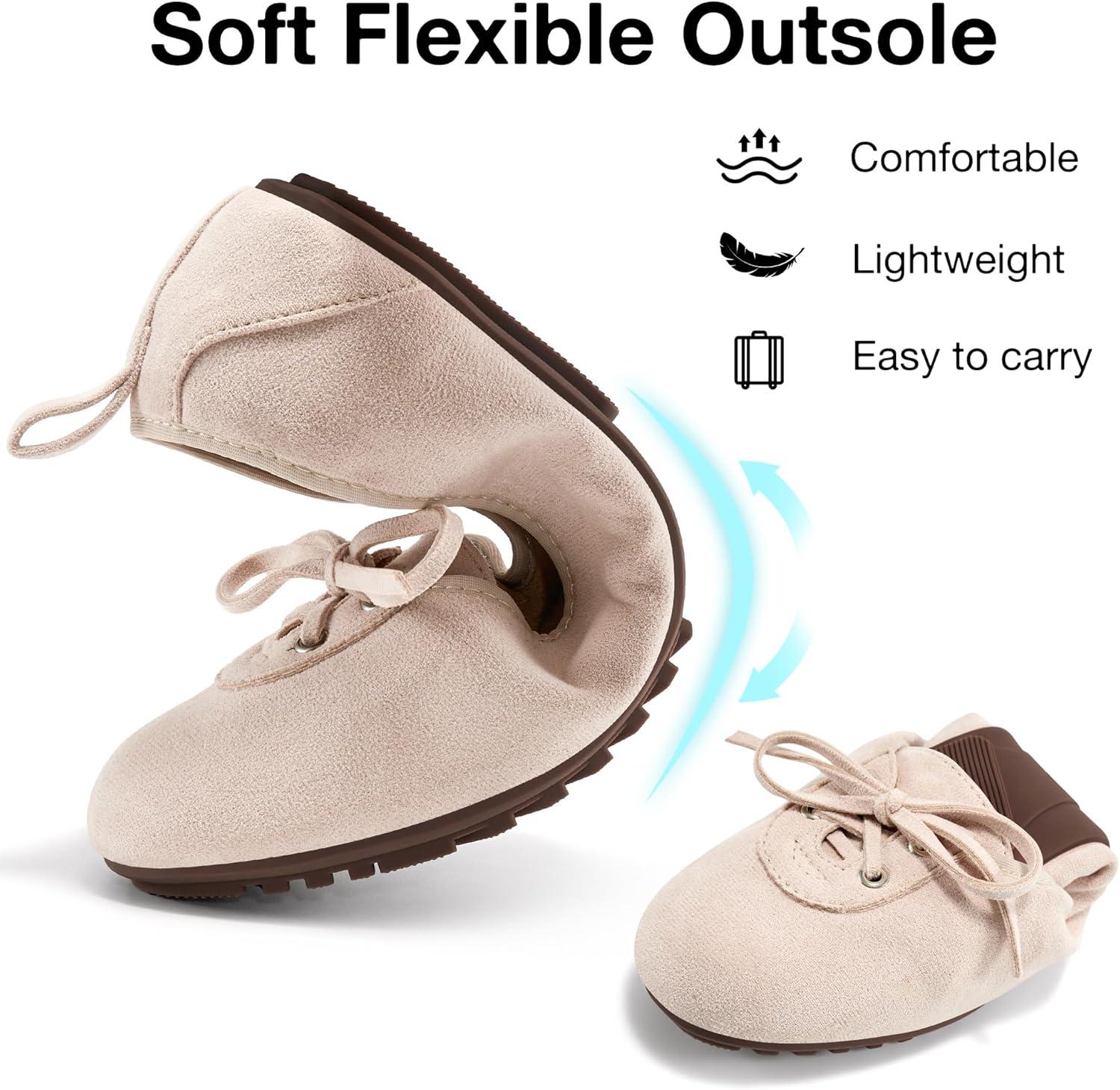 imageEcetana Womens Flats Ballet Shoes Round Toe Dressy Comfortable Slip On Foldable Lace Up LoafersBeige