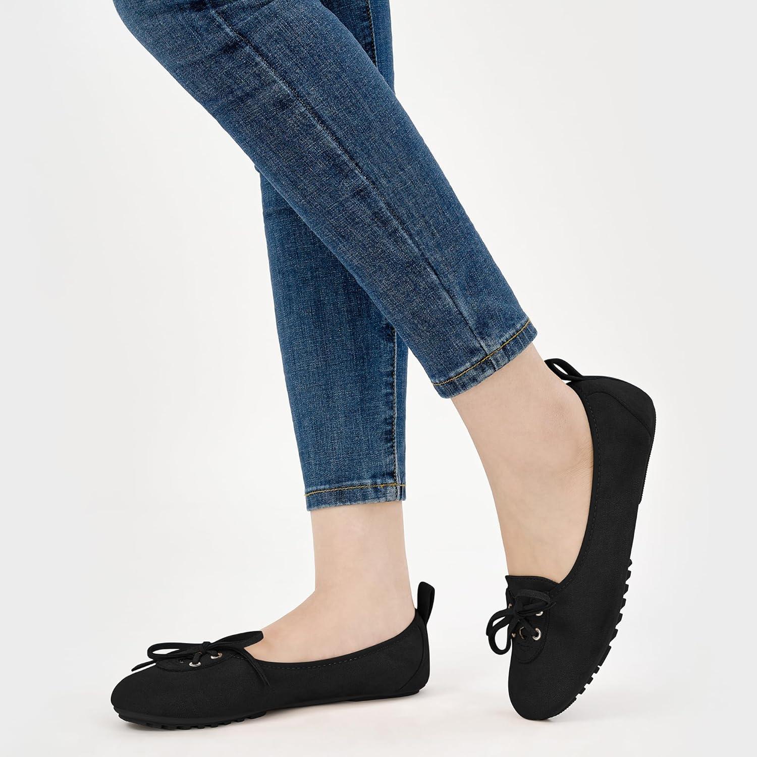 imageEcetana Womens Flats Ballet Shoes Round Toe Dressy Comfortable Slip On Foldable Lace Up LoafersBlack