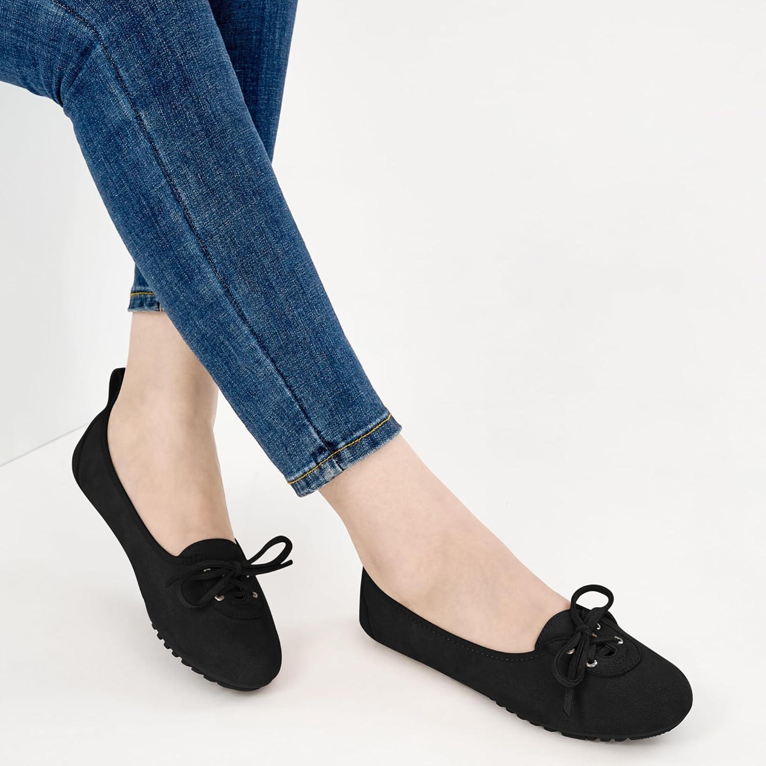 imageEcetana Womens Flats Ballet Shoes Round Toe Dressy Comfortable Slip On Foldable Lace Up LoafersBlack