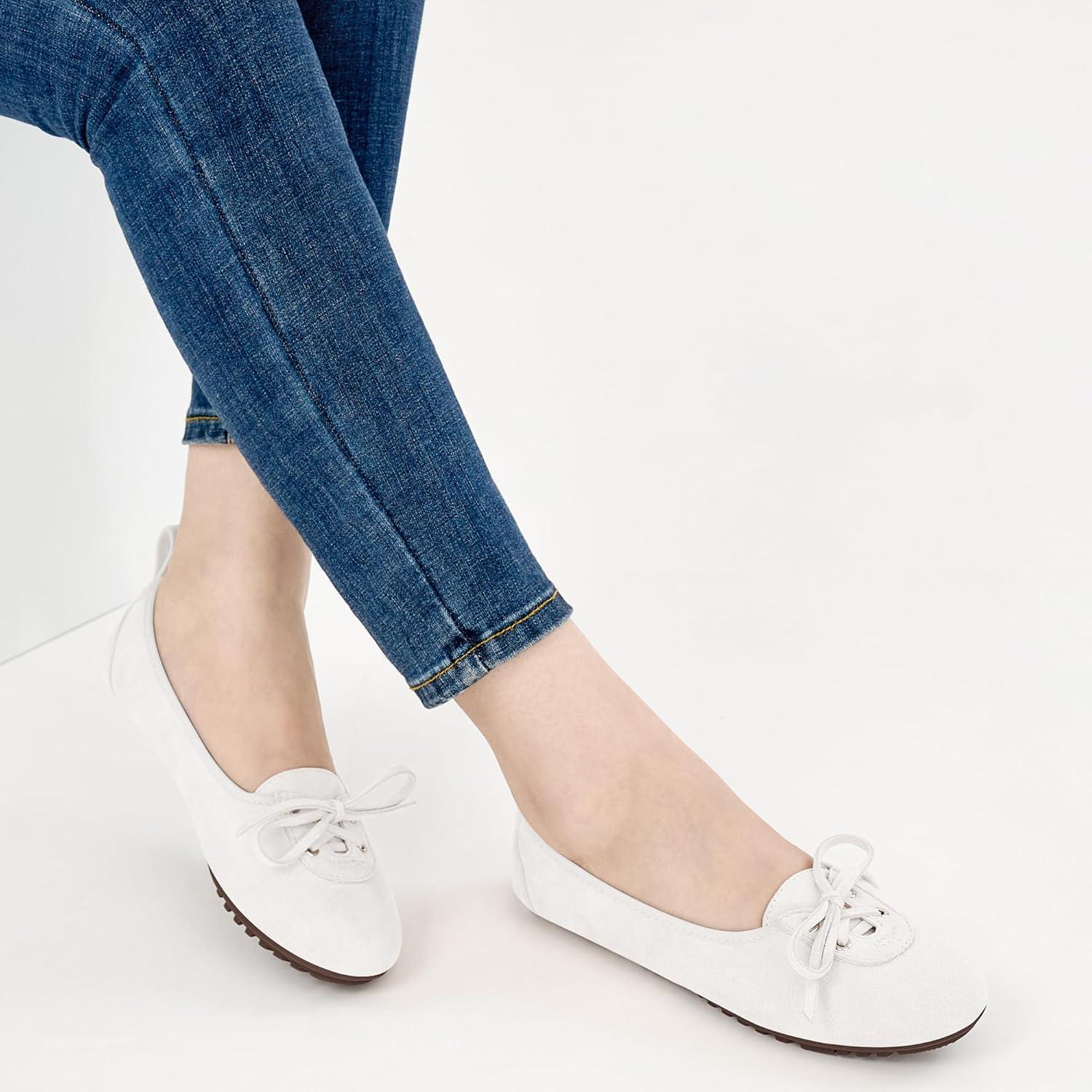 imageEcetana Womens Flats Ballet Shoes Round Toe Dressy Comfortable Slip On Foldable Lace Up LoafersWhite