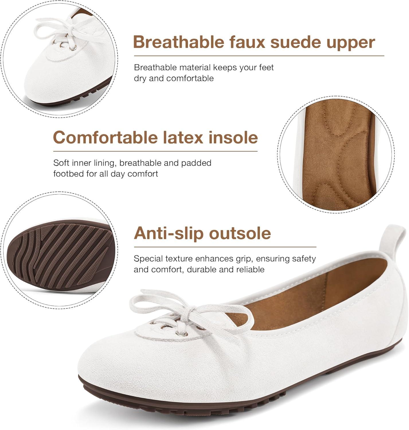 imageEcetana Womens Flats Ballet Shoes Round Toe Dressy Comfortable Slip On Foldable Lace Up LoafersWhite