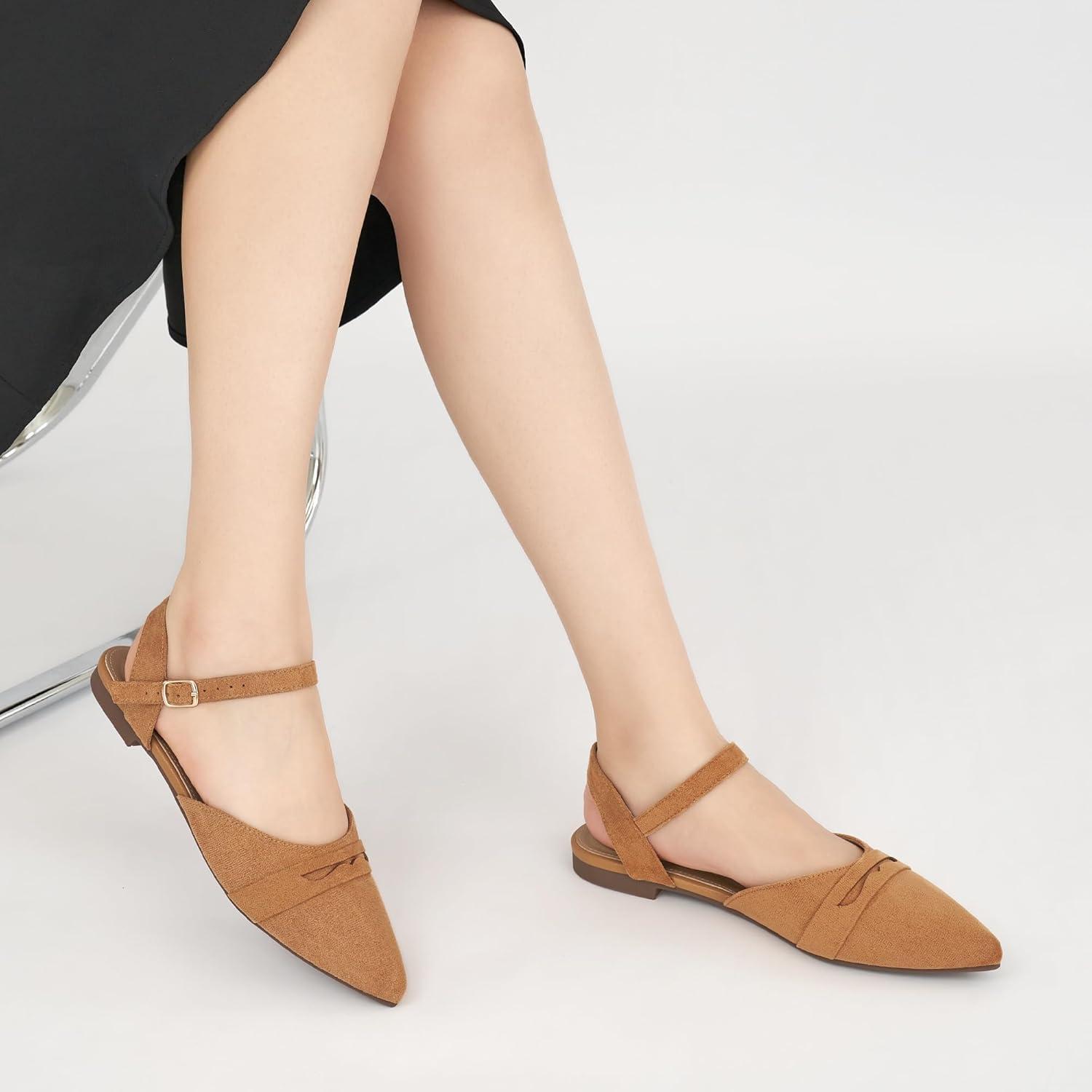 imageEcetana Womens Sandals Flats Shoes Closed Pointed Toe Slingback Comfortable Dressy Flat Sandals for Casual Work OfficeLightbrown