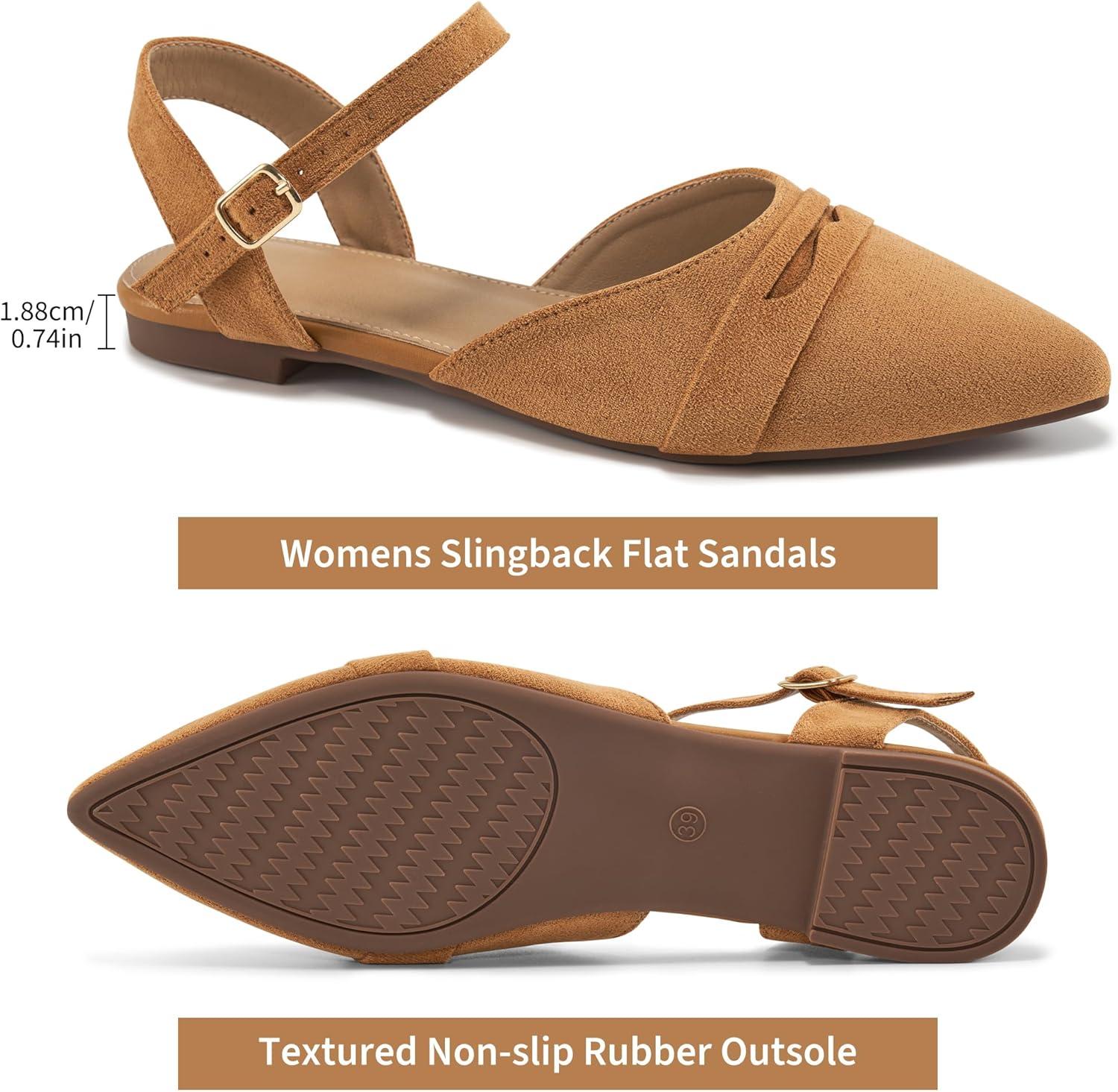 imageEcetana Womens Sandals Flats Shoes Closed Pointed Toe Slingback Comfortable Dressy Flat Sandals for Casual Work OfficeLightbrown