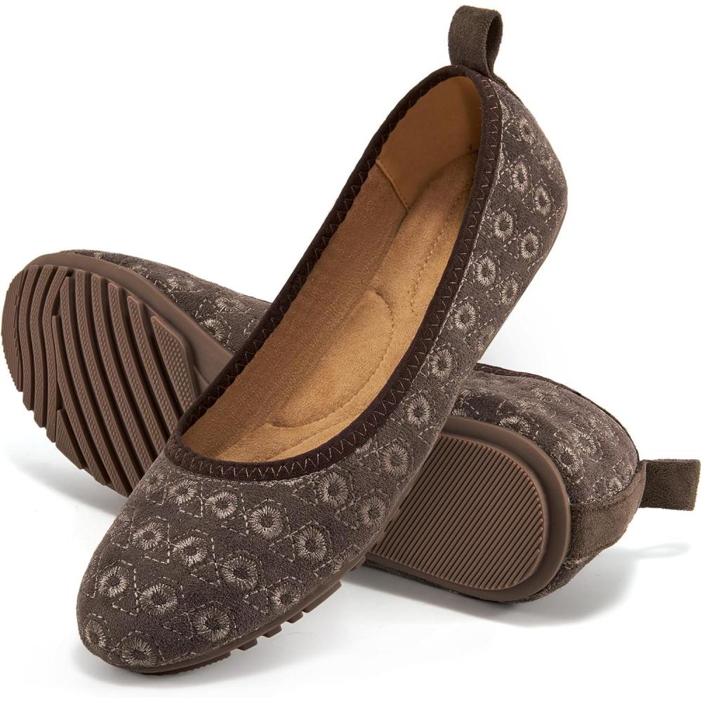 imageEcetana Flats for Women Dress Shoes Round Toe Comfortable Flat Ballet Shoes Casual Slip On Foldable LoafersCoffee