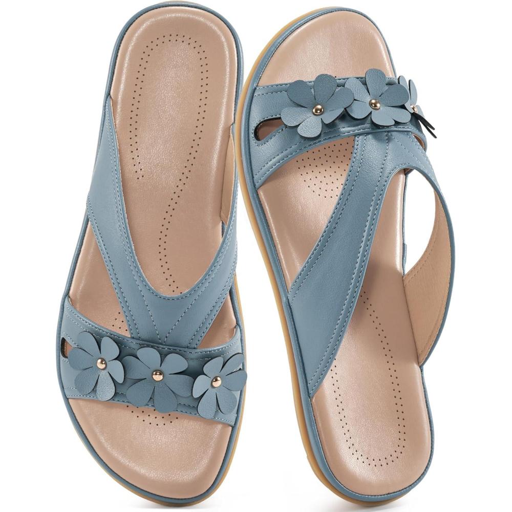imageEcetana Womens Sandals Comfortable Dressy Summer Beach Slides Lightweight Memory Foam Slip On Flat ShoesBlue