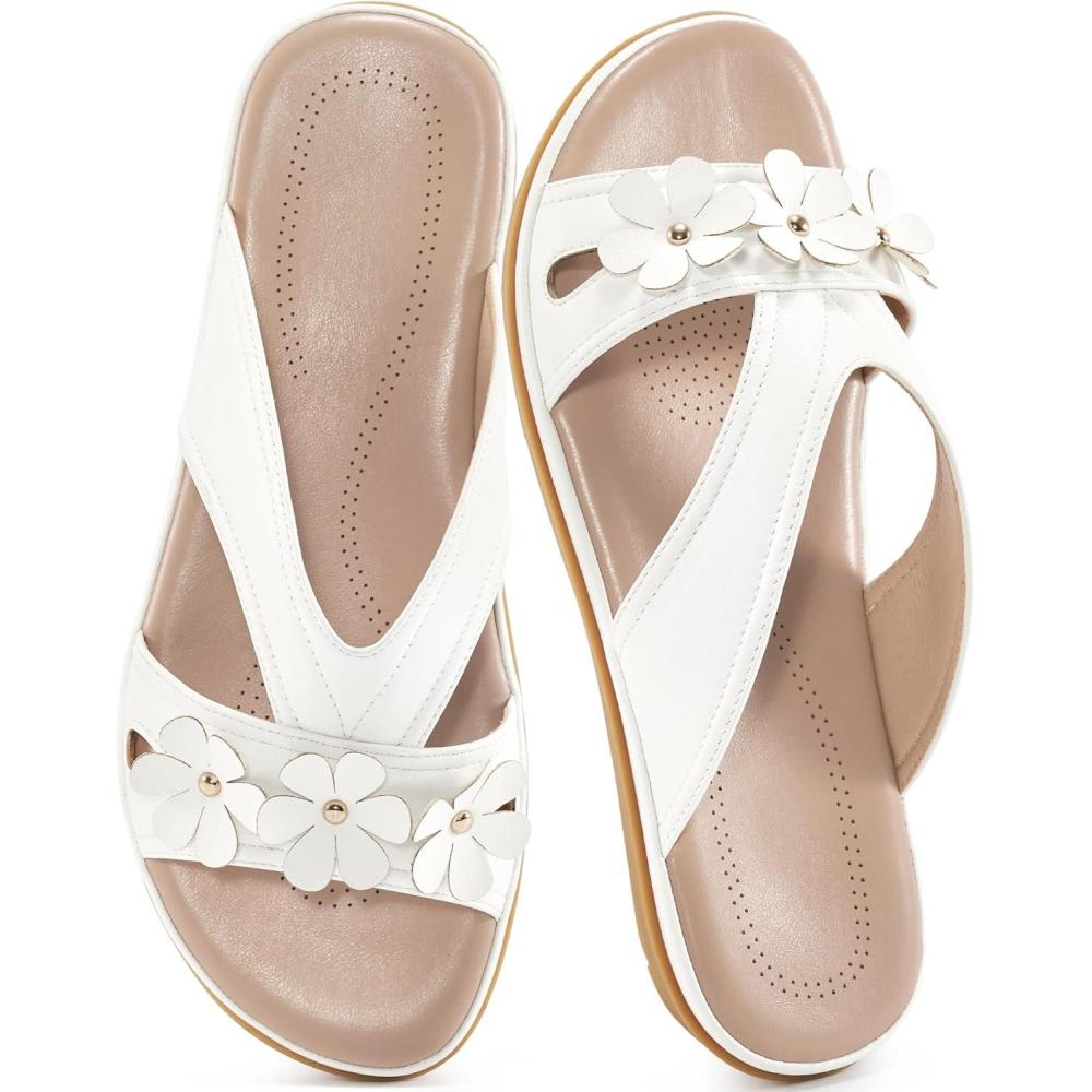 imageEcetana Womens Sandals Comfortable Dressy Summer Beach Slides Lightweight Memory Foam Slip On Flat ShoesWhite