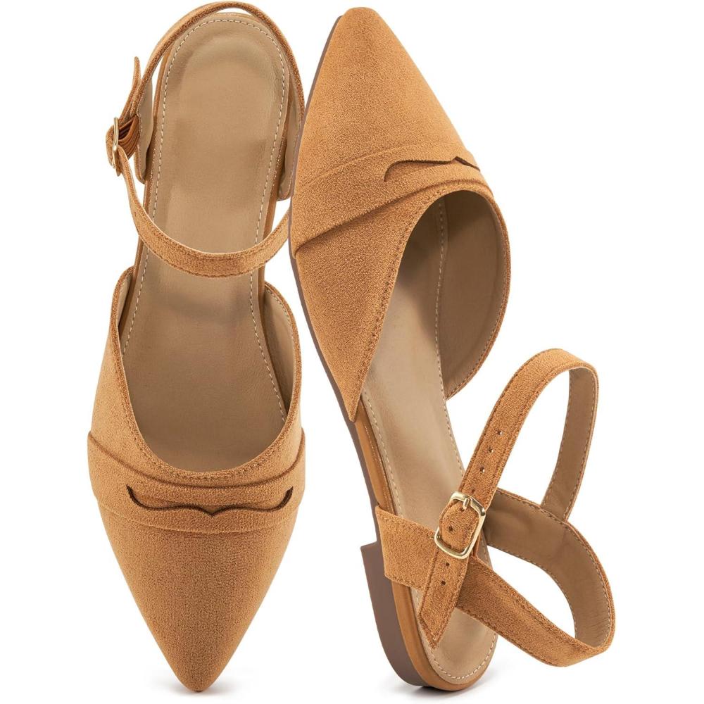 imageEcetana Womens Sandals Flats Shoes Closed Pointed Toe Slingback Comfortable Dressy Flat Sandals for Casual Work OfficeLightbrown