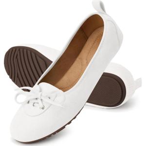 Ecetana Womens Flats Ballet Shoes: Round Toe Dressy Comfortable Slip On Foldable Lace Up Loafers(White)