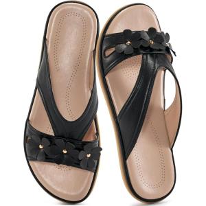 Ecetana Womens Sandals Comfortable Dressy Summer Beach Slides Lightweight Memory Foam Slip On Flat Shoes(Black)