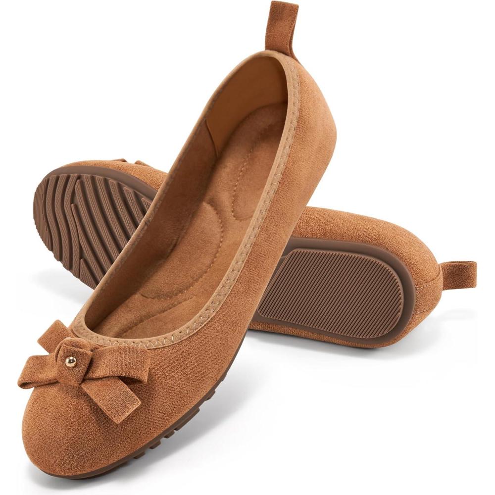 imageEcetana Womens Ballet Flats Shoes Dressy Round Toe Foldable Flats Bow Comfortable Faux Suede Slip on LoafersBrown
