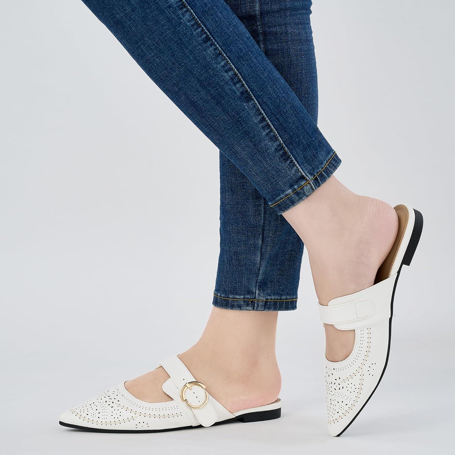 image:imageEcetana Womens Mules Flats Shoes Dressy Closed Pointed Toe Backless Loafers Buckle Slip on Shoes for Business WorkWhite