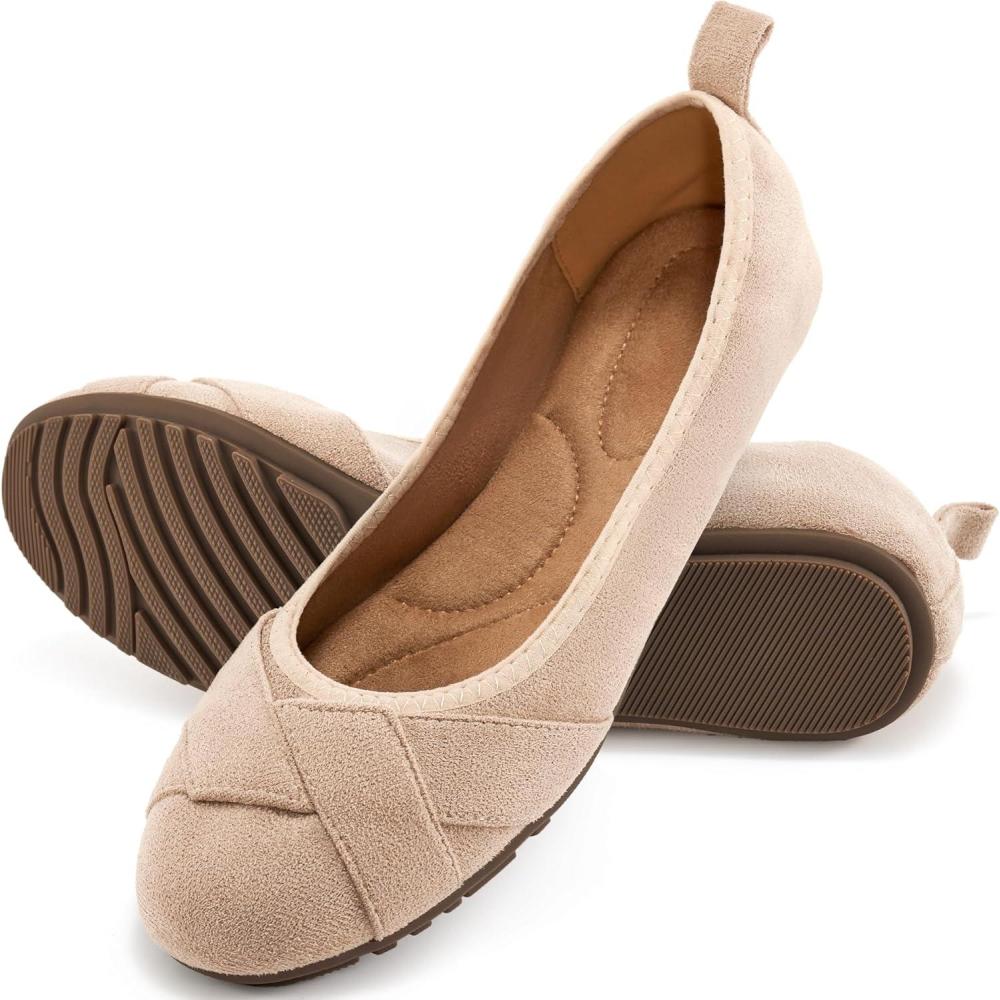 image:imageEcetana Flats for Women Ballet Shoes Dressy Round Toe Comfortable Faux Suede Slip on Casual Walking Foldable LoafersApricot