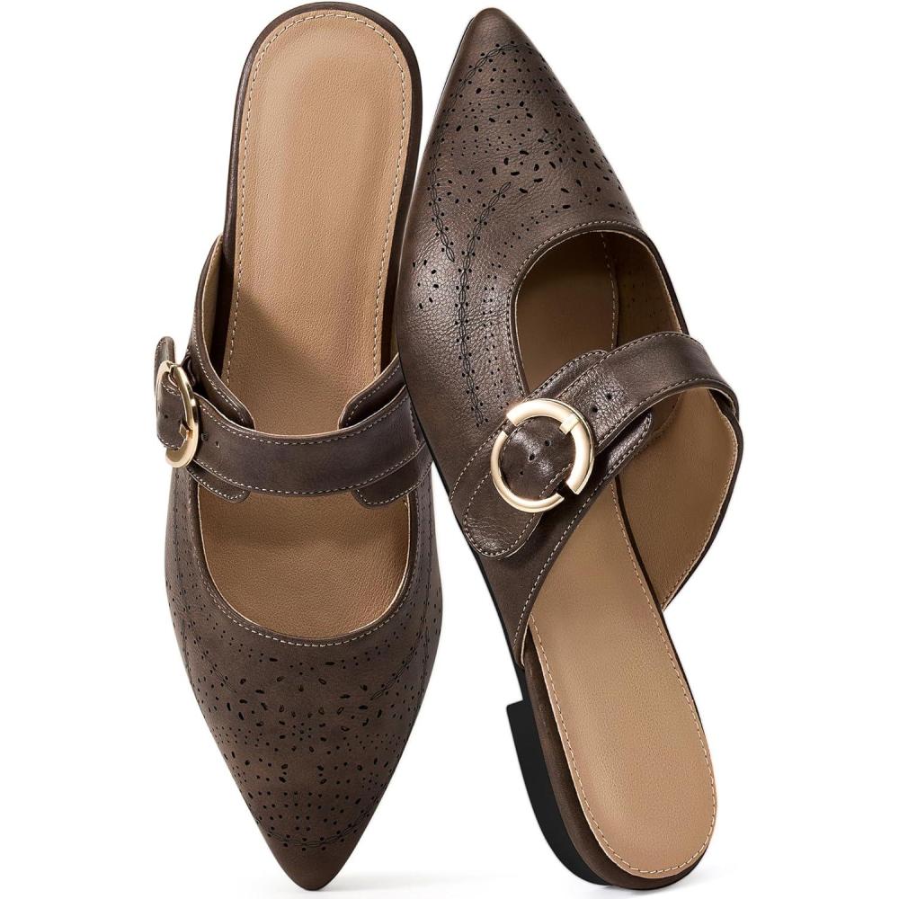 image:imageEcetana Womens Mules Flats Shoes Dressy Closed Pointed Toe Backless Loafers Buckle Slip on Shoes for Business WorkCoffee