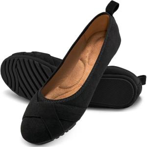 Ecetana Flats for Women Ballet Shoes: Dressy Round Toe Comfortable Faux Suede Slip on Casual Walking Foldable Loafers(Black)